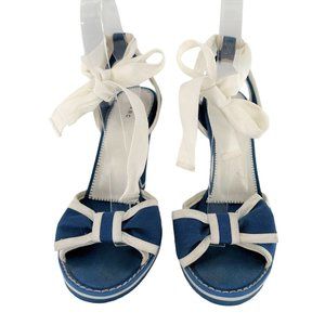 Marc Jacobs Blue and White Platform Wedge Espadrille Sandals with Bow, 9